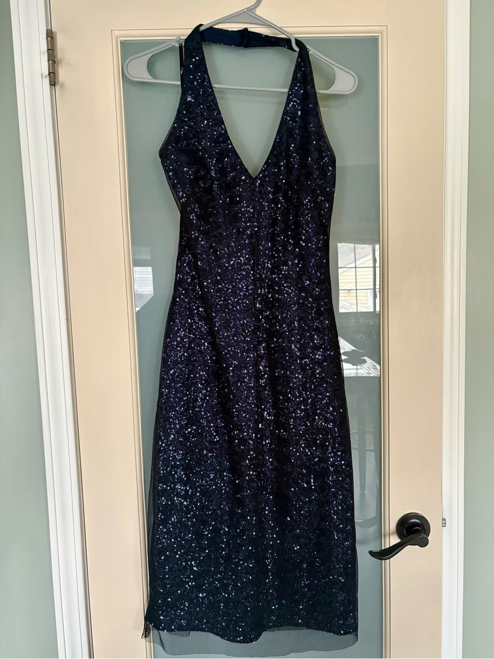 Navy & Black Sequin Halter Evening Dress
